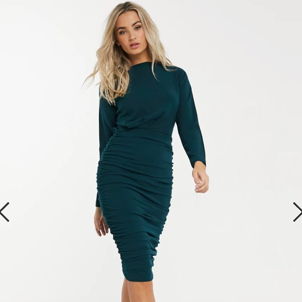 NWT - AX Paris ruched off-shoulder midi pencil dress in teal - US Size 6